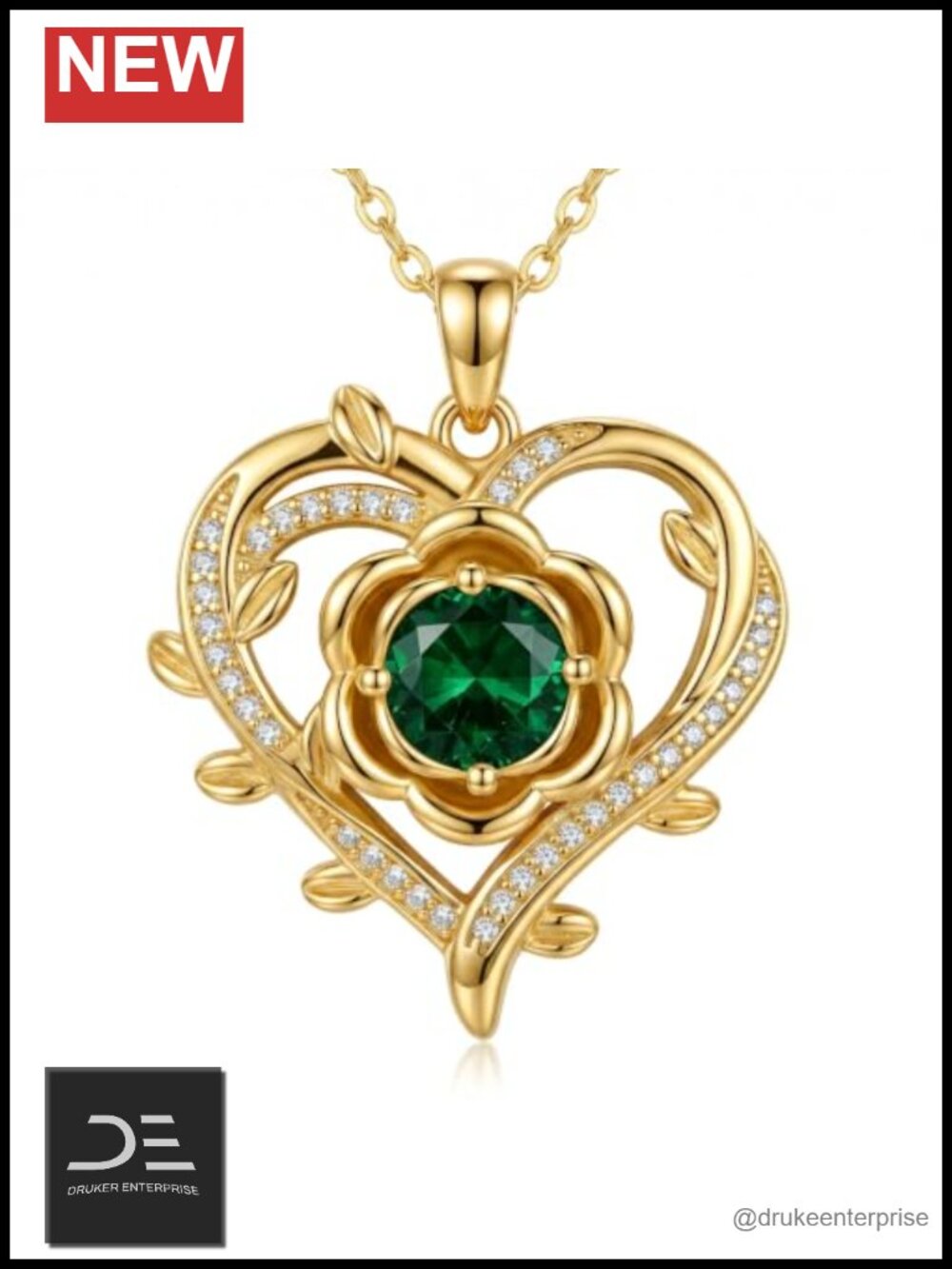 18K Gold Rose Heart Necklace with Birthstone Option D Color VVS1